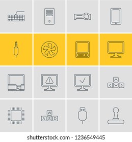 Vector illustration of 16 computer icons line style. Editable set of input jack, joystick, mobile phone and other icon elements.