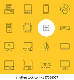 Vector Illustration Of 16 Computer Icons. Editable Pack Of Memory Chip, Diskette, Presentation And Other Elements.