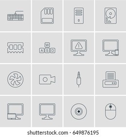 Vector Illustration Of 16 Computer Icons. Editable Pack Of Cursor Manipulator, Movie Cam, Printer And Other Elements.
