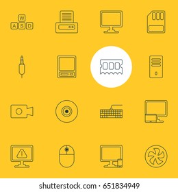 Vector Illustration Of 16 Computer Icons. Editable Pack Of Pda, Screen, Movie Cam And Other Elements.