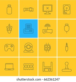 Vector Illustration Of 16 Computer Icons. Editable Pack Of Notebook, Diskette, Hard Drive Disk And Other Elements.