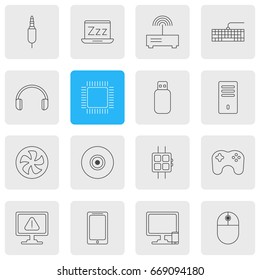 Vector Illustration Of 16 Computer Icons. Editable Pack Of Smartphone, Router, Mainframe And Other Elements.