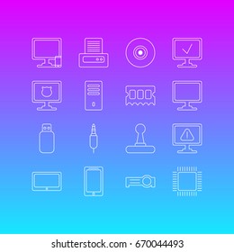 Vector Illustration Of 16 Computer Icons. Editable Pack Of Warning, Tablet, Presentation And Other Elements.