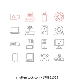 Vector Illustration Of 16 Computer Icons. Editable Pack Of Printer, Flash Drive, Presentation And Other Elements.