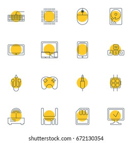 Vector Illustration Of 16 Computer Icons. Editable Pack Of Qwerty Board, Hard Drive Disk, Microprocessor And Other Elements.