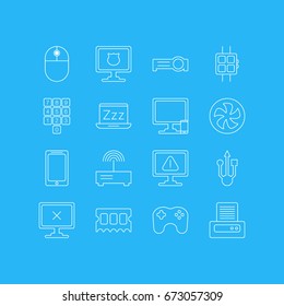 Vector Illustration Of 16 Computer Icons. Editable Pack Of Presentation, Laptop, Smartphone And Other Elements.