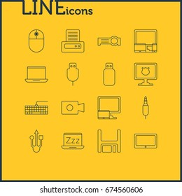 Vector Illustration Of 16 Computer Icons. Editable Pack Of Diskette, Serial Bus, Input Jack And Other Elements.