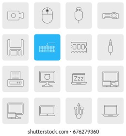 Vector Illustration Of 16 Computer Icons. Editable Pack Of Serial Bus, Qwerty Board, Gadgets And Other Elements.