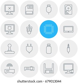 Vector Illustration Of 16 Computer Icons. Editable Pack Of Router, Access Denied, Serial Bus And Other Elements.