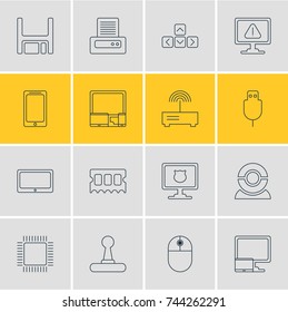 Vector Illustration Of 16 Computer Icons. Editable Pack Of Antivirus, Game Controller, Cursor Manipulator And Other Elements.