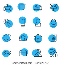 Vector illustration of 16 connect icons line style. Editable set of letter, location, smartphone and other icon elements.