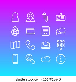 Vector illustration of 16 connect icons line style. Editable set of id, buttons, arrow and other icon elements.