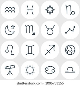 Vector illustration of 16 constellation icons line style. Editable set of bull, geometric, zoom glass and other icon elements.