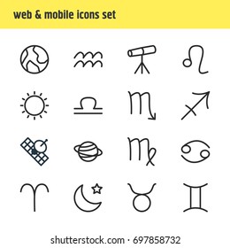 Vector Illustration Of 16 Constellation Icons. Editable Pack Of Bull, Ram, Zoom Glass And Other Elements.