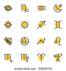 Vector Illustration Of 16 Constellation Icons. Editable Pack Of Sunny, Planet, Zodiac Sign And Other Elements.