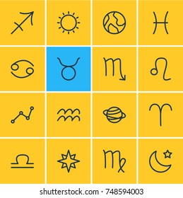 Vector Illustration Of 16 Constellation Icons. Editable Pack Of Scales, Bull, Saturn And Other Elements.