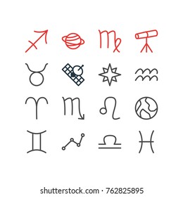 Vector Illustration Of 16 Constellation Outline Icons. Editable Set Of Saturn, Virgin, Satellite And Other Elements.