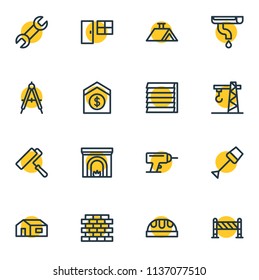 Vector illustration of 16 construction icons line style. Editable set of barrier, wrench, crane and other icon elements.