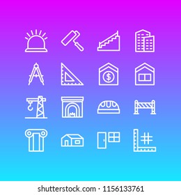 Vector illustration of 16 construction icons line style. Editable set of ruler, fireplace, security and other icon elements.