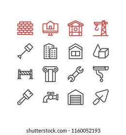 Vector illustration of 16 construction icons line style. Editable set of shovel, building, framing and other icon elements.