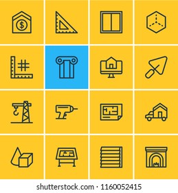 Vector illustration of 16 construction icons line style. Editable set of crane, figures, plan and other icon elements.