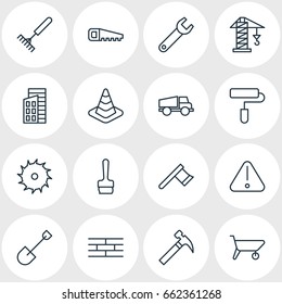Vector Illustration Of 16 Construction Icons. Editable Pack Of Circle Blade, Lorry, Harrow And Other Elements.