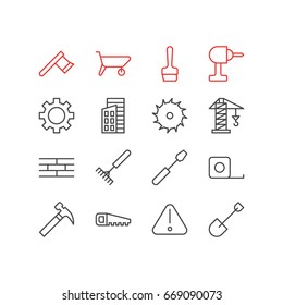 Vector Illustration Of 16 Construction Icons. Editable Pack Of Road Sign, Handcart, Lifting Elements.