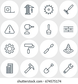 Vector Illustration Of 16 Construction Icons. Editable Pack Of Lifting, Measure Tape, Spade And Other Elements.