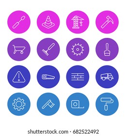 Vector Illustration Of 16 Construction Icons. Editable Pack Of Circle Blade, Barrier, Road Sign And Other Elements.