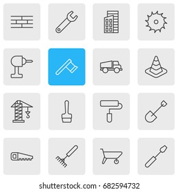 Vector Illustration Of 16 Construction Icons. Editable Pack Of Spade, Circle Blade, Barrier And Other Elements.