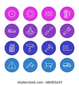 Vector Illustration Of 16 Construction Icons. Editable Pack Of Hatchet, Hacksaw, Roller And Other Elements.