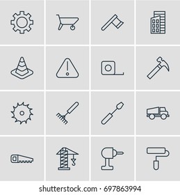 Vector Illustration Of 16 Construction Icons. Editable Pack Of Measure Tape, Harrow, Circle Blade And Other Elements.