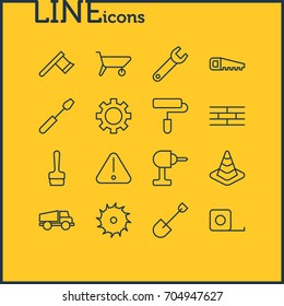 Vector Illustration Of 16 Construction Icons. Editable Pack Of Paintbrush, Spanner, Electric Screwdriver And Other Elements.