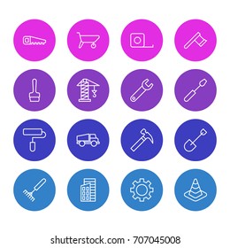 Vector Illustration Of 16 Construction Icons. Editable Pack Of Cogwheel, Handcart, Spanner Elements.