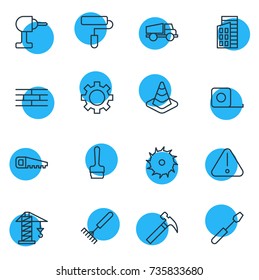 Vector Illustration Of 16 Construction Icons. Editable Pack Of Handle Hit, Road Sign, Hacksaw Elements.