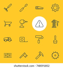 Vector Illustration Of 16 Construction Icons. Editable Pack Of Paintbrush, Hacksaw, Roller And Other Elements.