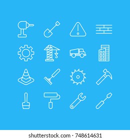 Vector Illustration Of 16 Construction Icons. Editable Pack Of Circle Blade, Barrier, Handle Hit Elements.
