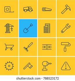 Vector illustration of 16 construction icons line style. Editable set of harrow, hacksaw, circle blade and other elements.
