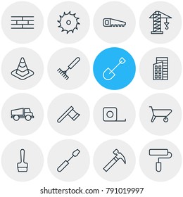 Vector illustration of 16 construction icons line style. Editable set of hatchet, handle hit, circle blade elements.