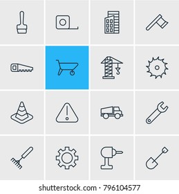 Vector illustration of 16 construction icons line style. Editable set of lorry, spade, lifting and other elements.