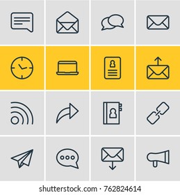 Vector Illustration Of 16 Contact Outline Icons. Editable Set Of Origami, Publish, Letter And Other Elements.