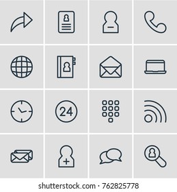 Vector Illustration Of 16 Contact Outline Icons. Editable Set Of Network, World, Publish And Other Elements.