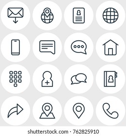 Vector Illustration Of 16 Contact Outline Icons. Editable Set Of Telephone, World, Call And Other Elements.