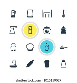 Vector illustration of 16 cooking icons. Editable set of bread, dinner table, fruit squeezer and other icon elements.