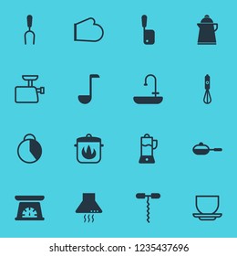 Vector illustration of 16 cooking icons. Editable set of sink, kitchen glove, stopwatch and other icon elements.