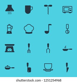 Vector illustration of 16 cooking icons. Editable set of ladle, juicer, corkscrew and other icon elements.