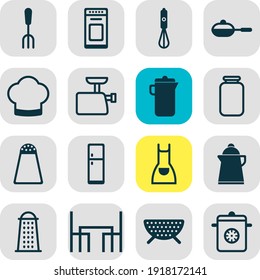 Vector illustration of 16 cooking icons. Editable set of meat grinder, colander, kettle icon elements.