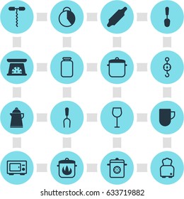Vector Illustration Of 16 Cooking Icons. Editable Pack Of Bread, Wine Opener, Oven And Other Elements.