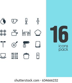 Vector Illustration Of 16 Cooking Icons. Editable Pack Of Chef Hat, Refrigerator, Furnace And Other Elements.