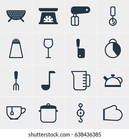 Vector Illustration Of 16 Cooking Icons. Editable Pack Of Pepper Container, Whisk, Wine And Other Elements.